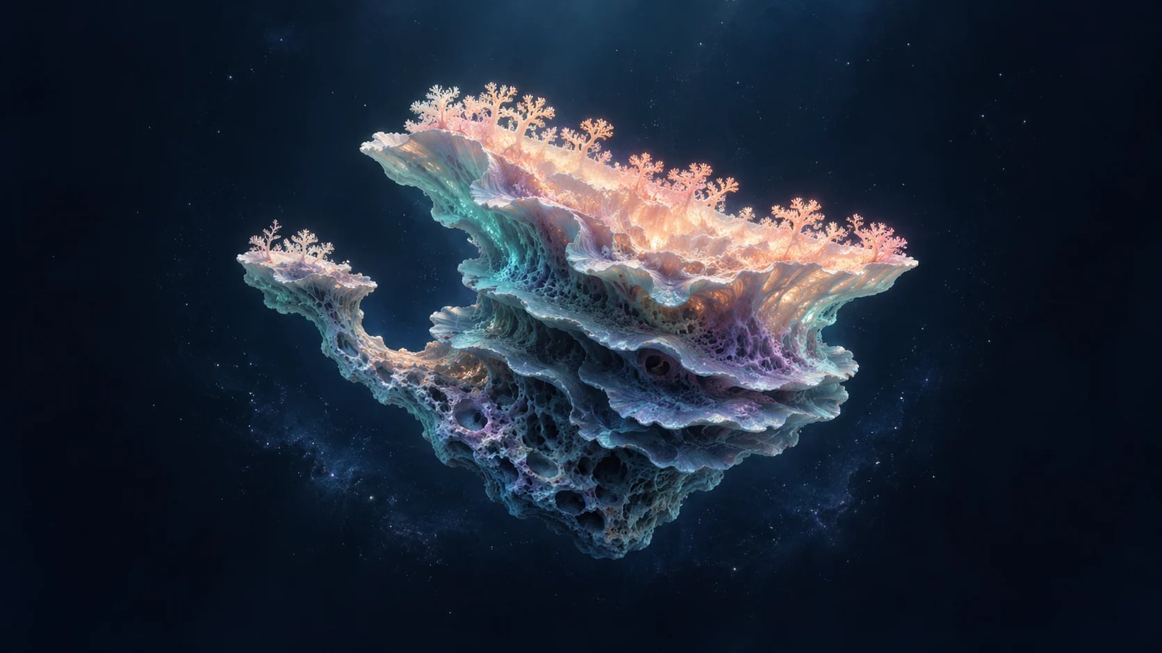 Новый светлый край растёт поверх старых затенённых слоёв; отдельный боковой канал подходит к одному из прежних уровней.