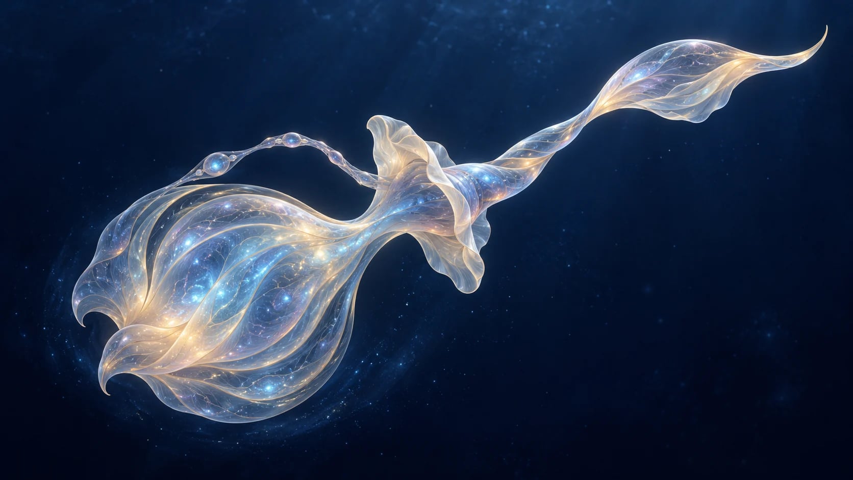 На скрученном опаловом стержне заметная складчатая манжета расположена раньше дальнего раскрывающегося окончания.